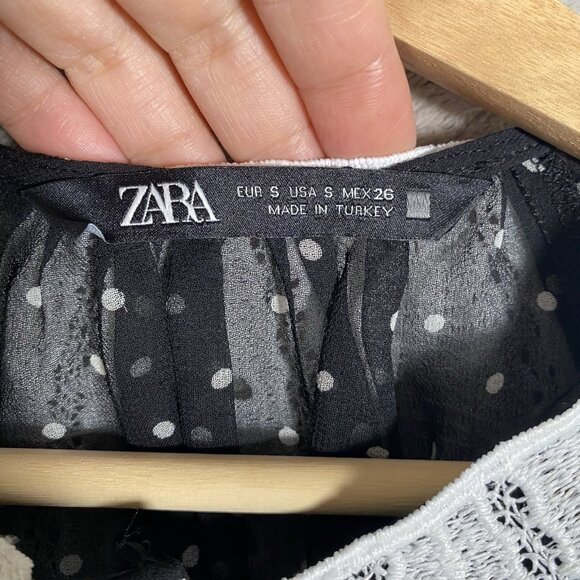 Zara Polka Dot Sheer Blouse S Oversized Peter Pan Claudine Collar Tie Neck Bow - Picture 7 of 16